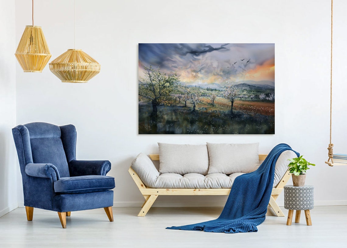 Storm Clouds Over Flowering Valley at Sunset Watercolor Poster - Image 4