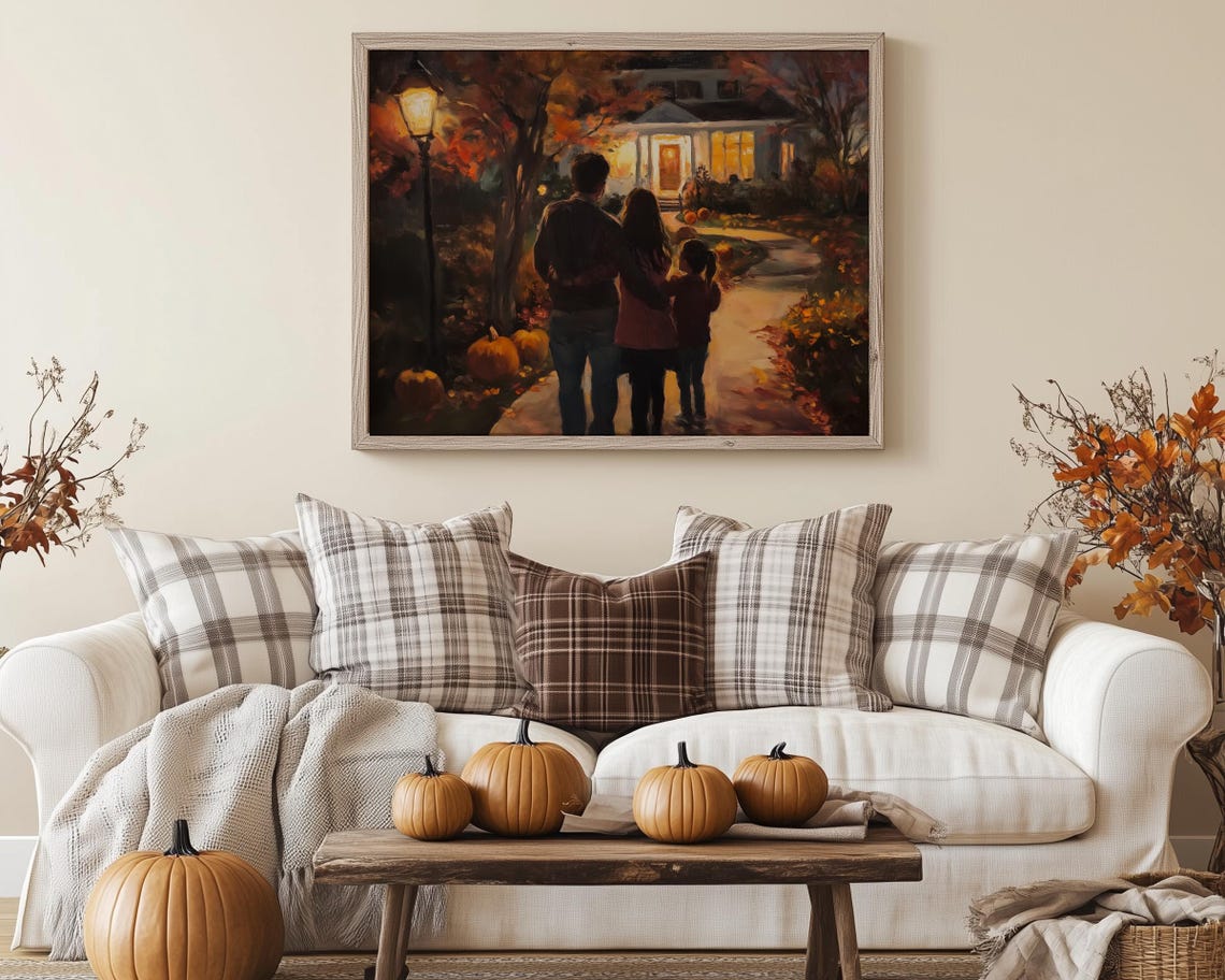 Cozy Autumn Evening Family Walk Painting Warm Fall Night Poster - Image 5