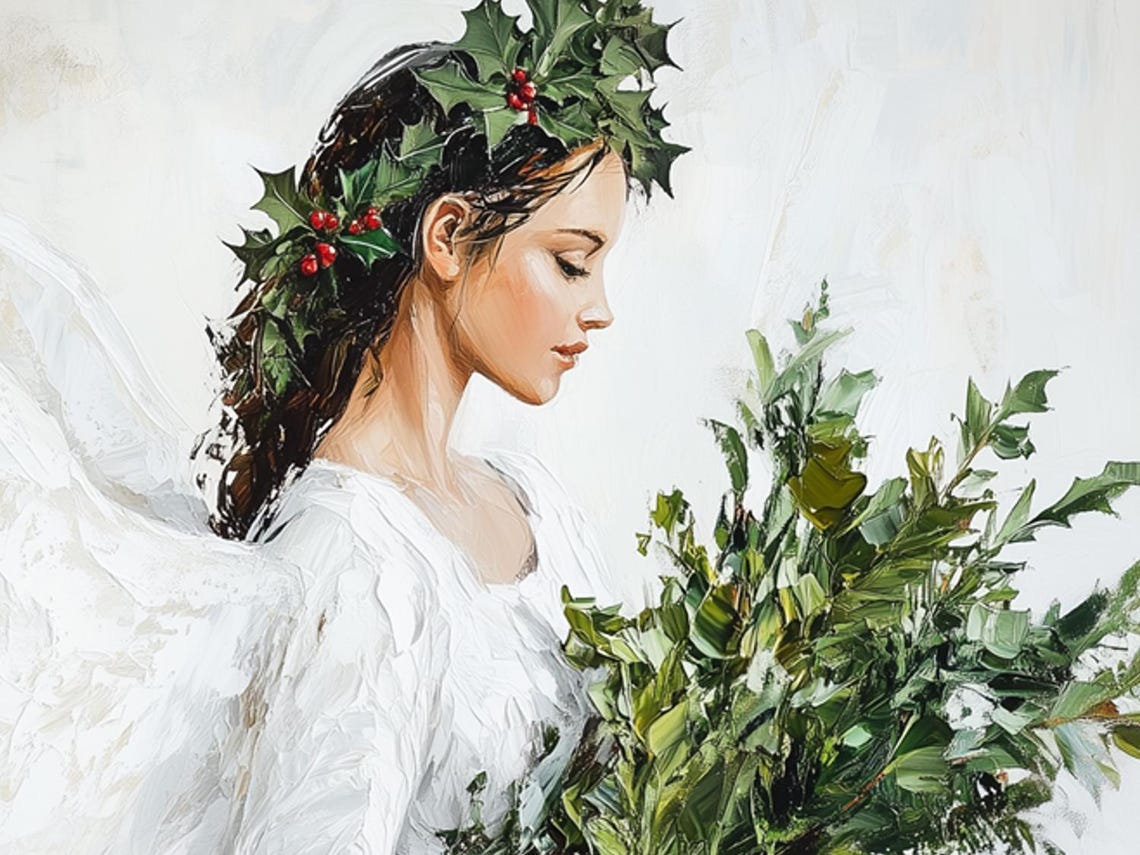Christmas Angel with Holly Crown Holding Greenery Painting Poster - Image 6
