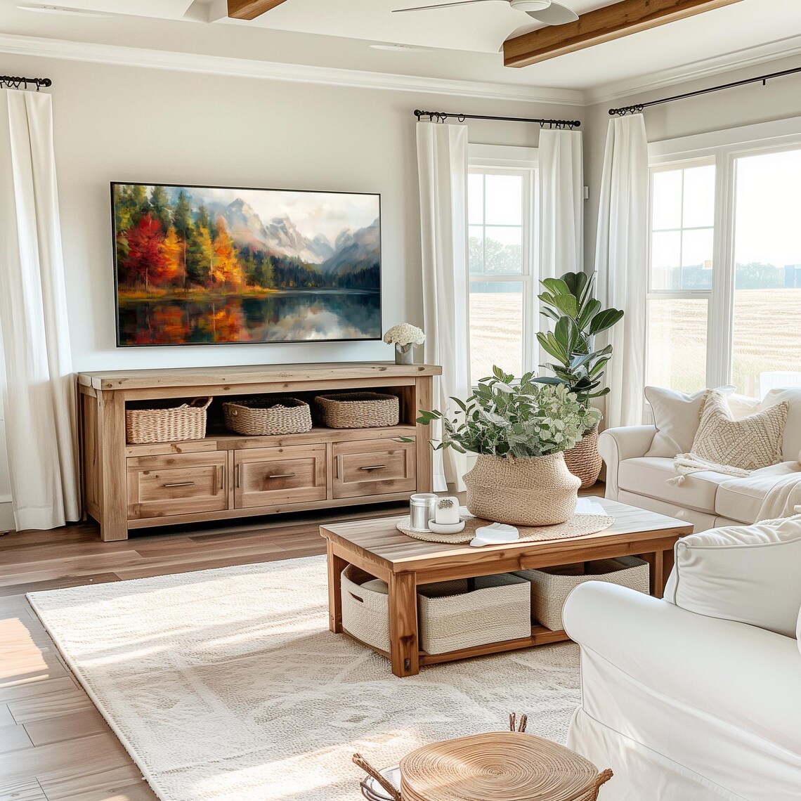 Autumn Lake Landscape With Mountains, Fall Artwork - Image 4