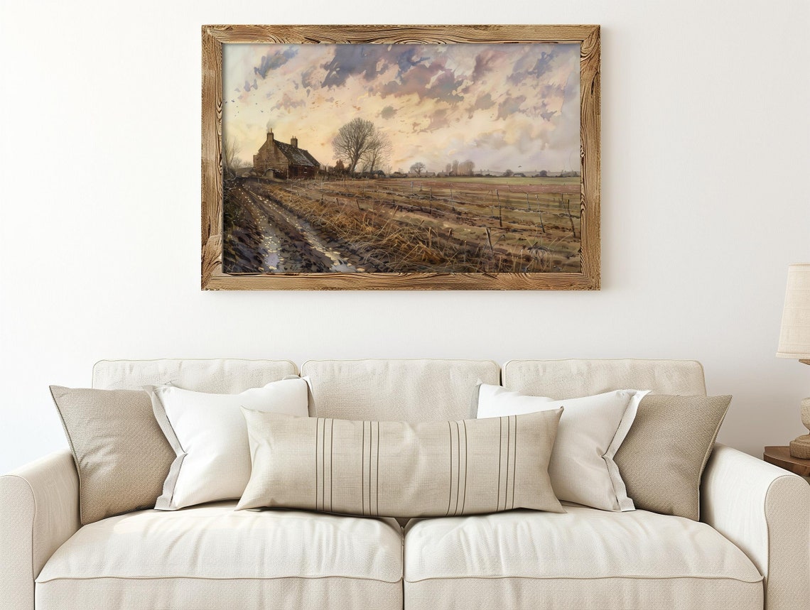 Rustic Farmhouse at Sunset Over Plowed Fields Watercolor Poster - Image 3