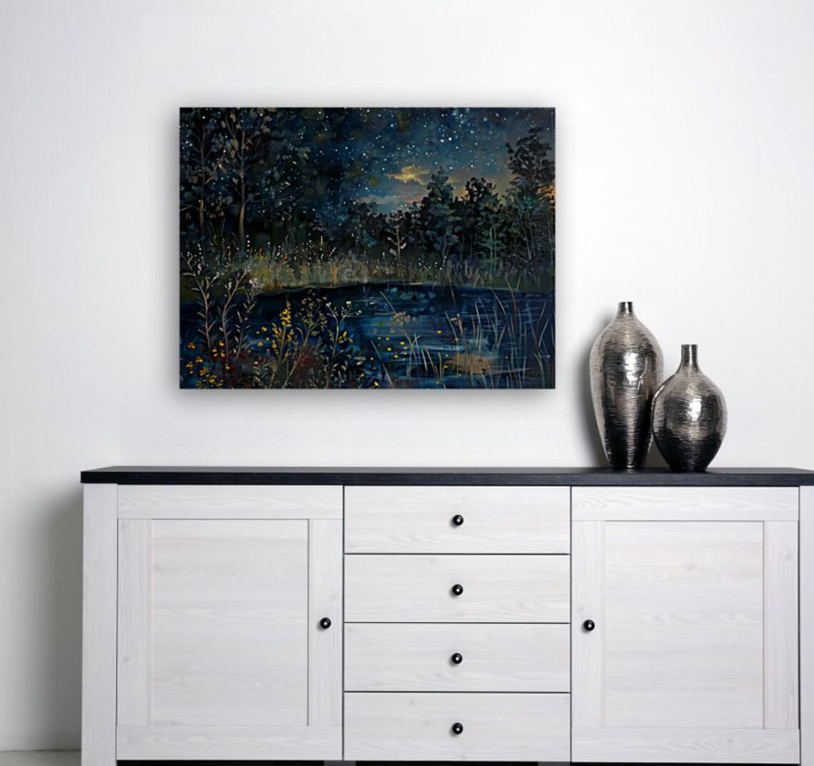 Starry Night Sky Lake Wildflower Reflections Whimsical Fireflies Painting Poster - Image 3