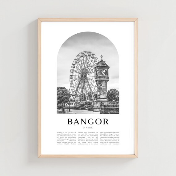 Bangor Maine Ferris Wheel Clock Tower Black And White Photo Travel Poster