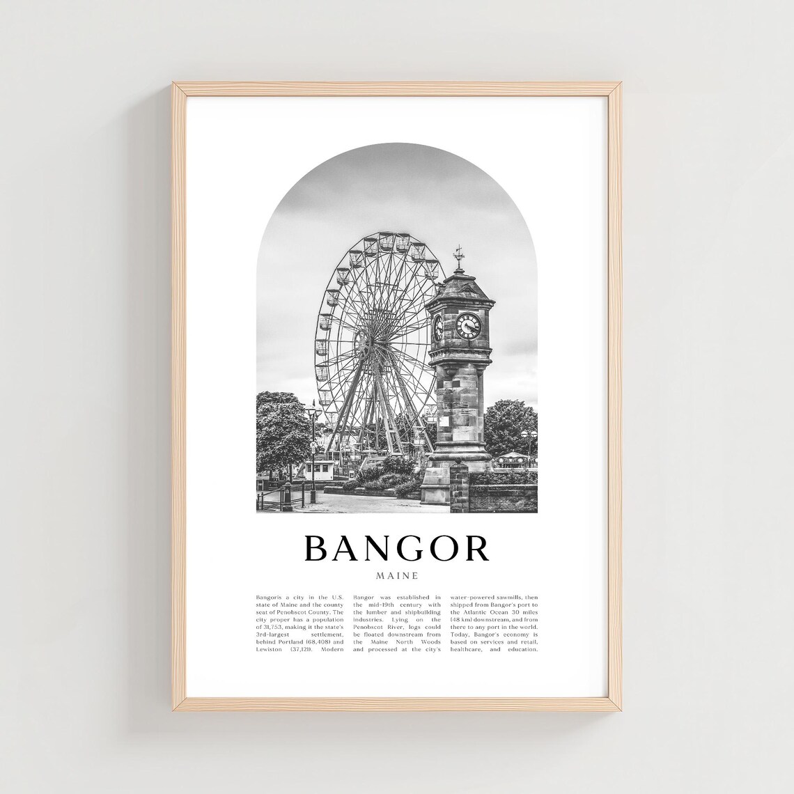 Bangor Maine Ferris Wheel Clock Tower Black And White Photo Travel Poster