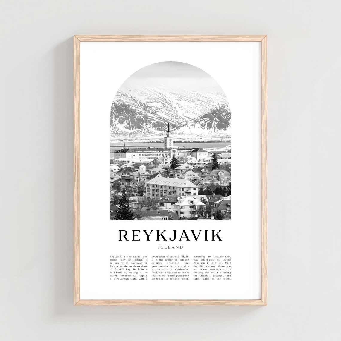 Reykjavik Iceland Black and White City Mountain Photo Poster