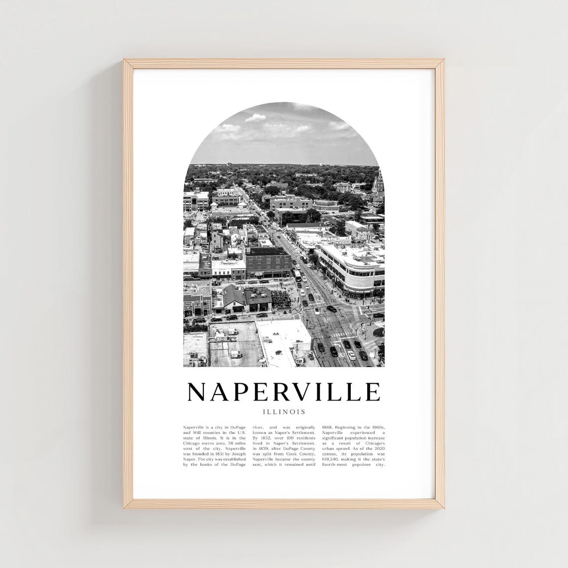 Naperville Illinois Black and White Aerial Downtown Photo Poster