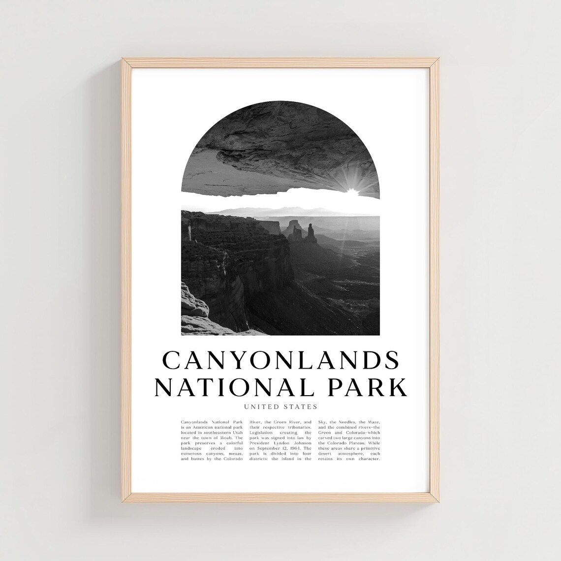 Canyonlands National Park Desert Arch Sunrise Black White Travel Poster