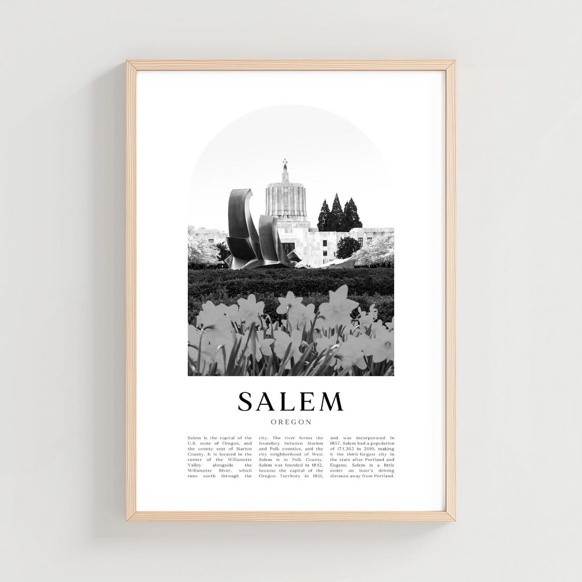 Salem Oregon State Capitol Building Black and White Travel Poster