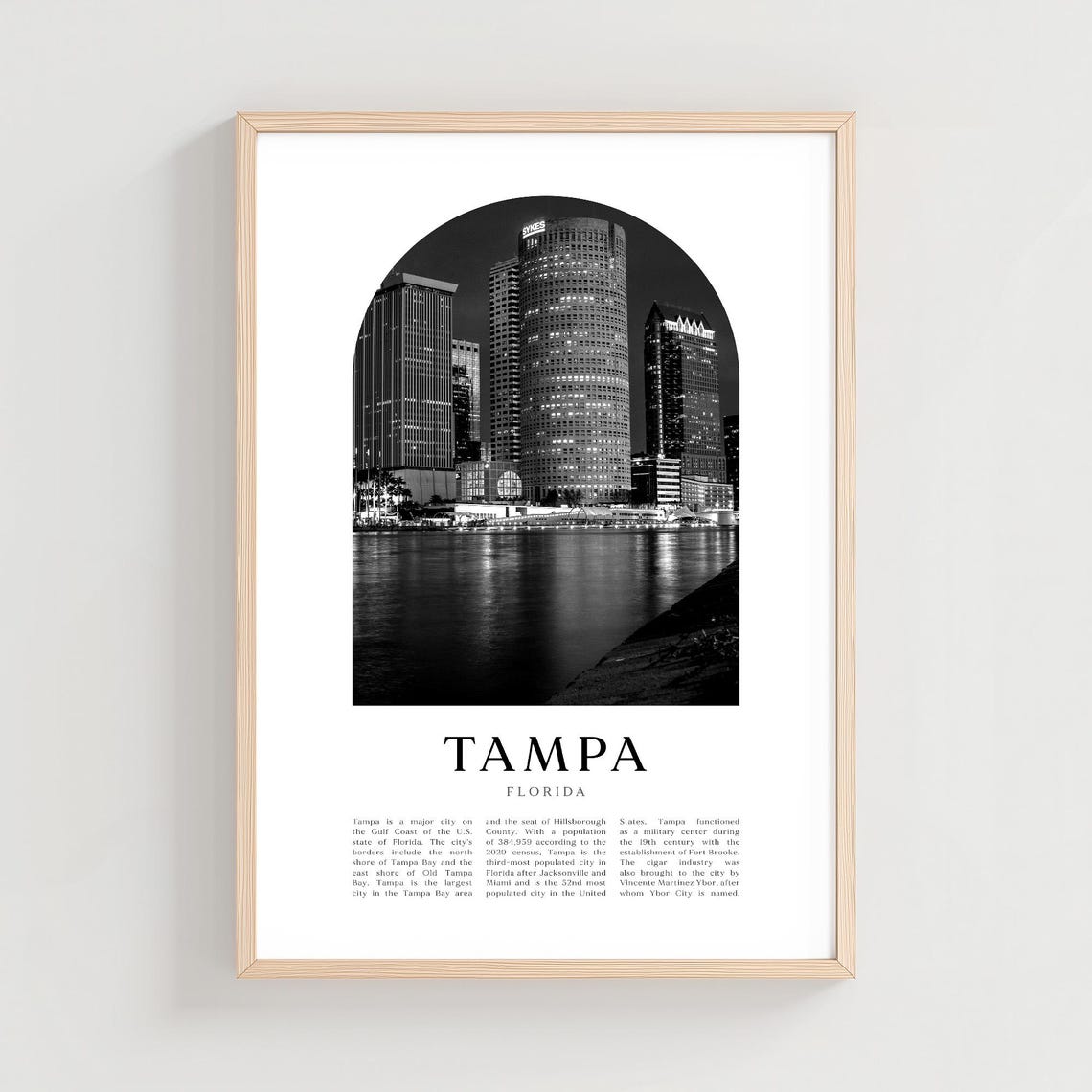 Tampa Florida Black and White Night Skyline Riverfront Poster