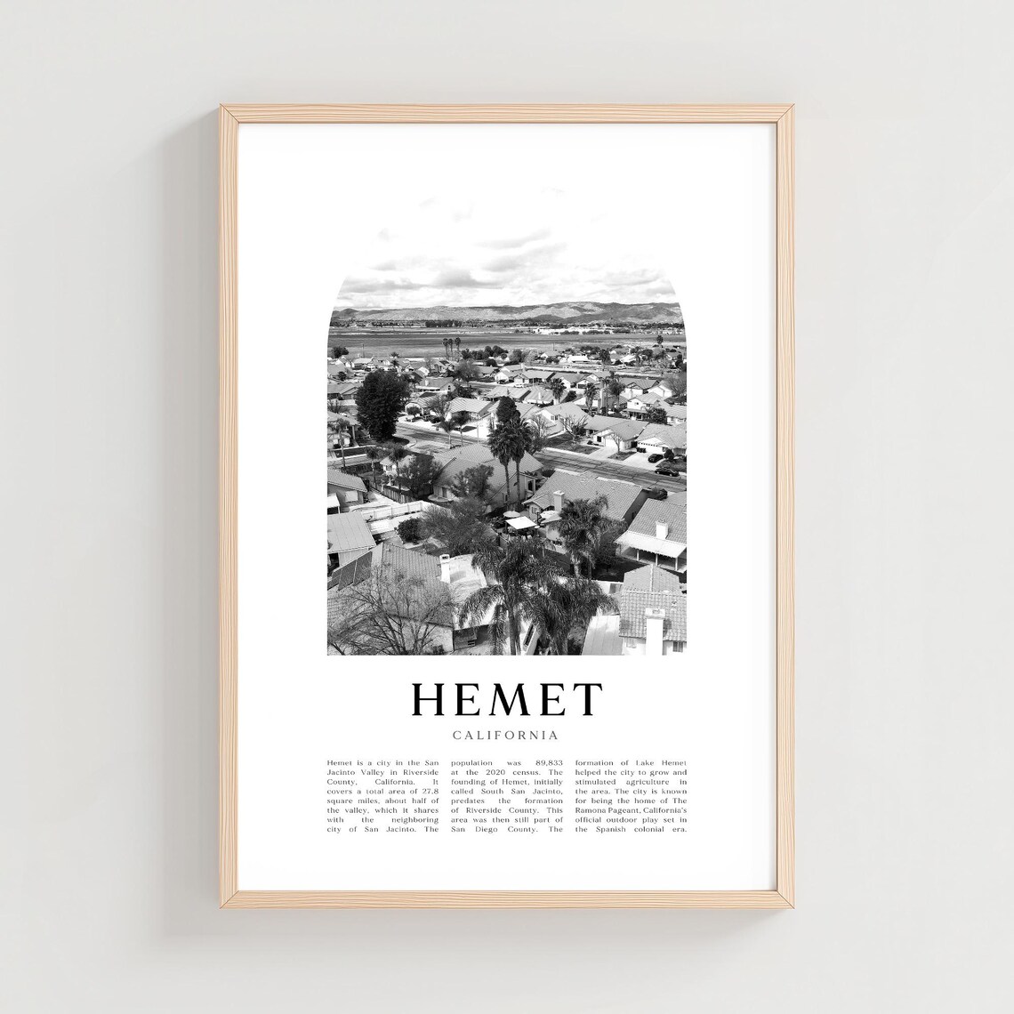 Hemet California Aerial Suburban Homes Black White Travel Poster