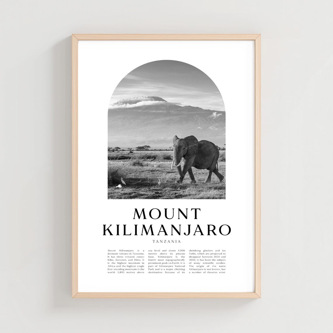 Mount Kilimanjaro Tanzania Elephants Monochrome Summit Travel Poster