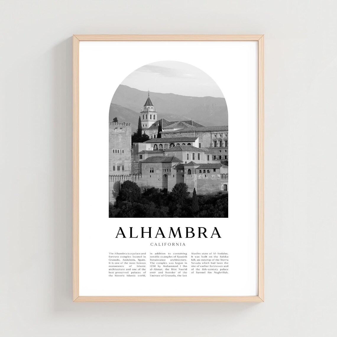 Alhambra Palace Granada Spain Fortress Black and White Photo Poster