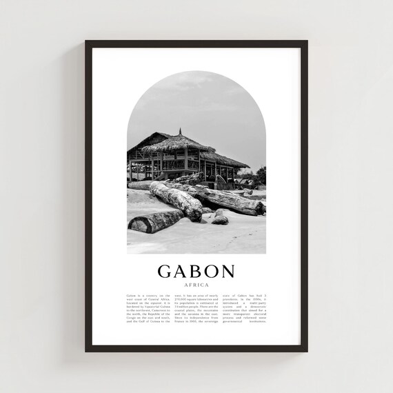 Gabon Africa Beach Huts Black And White Country Travel Poster