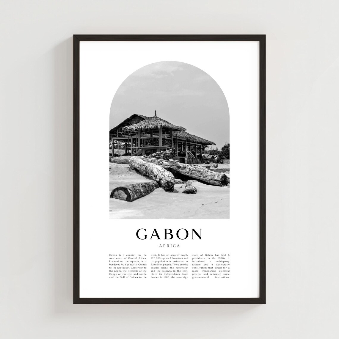 Gabon Africa Beach Huts Black And White Country Travel Poster