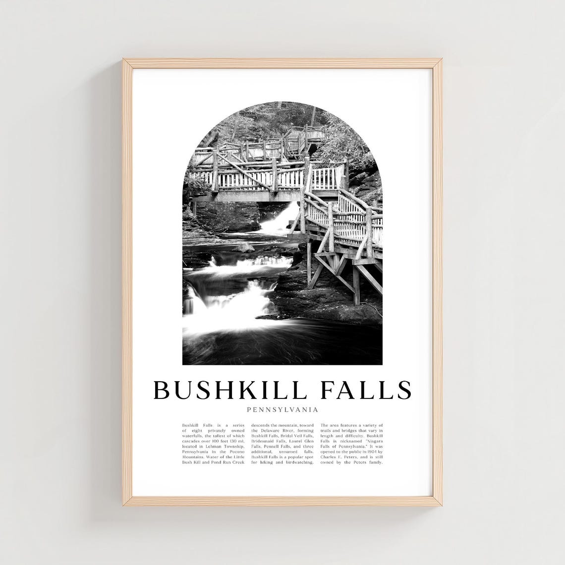 Bushkill Falls Pennsylvania Waterfall Walkway Black White Poster