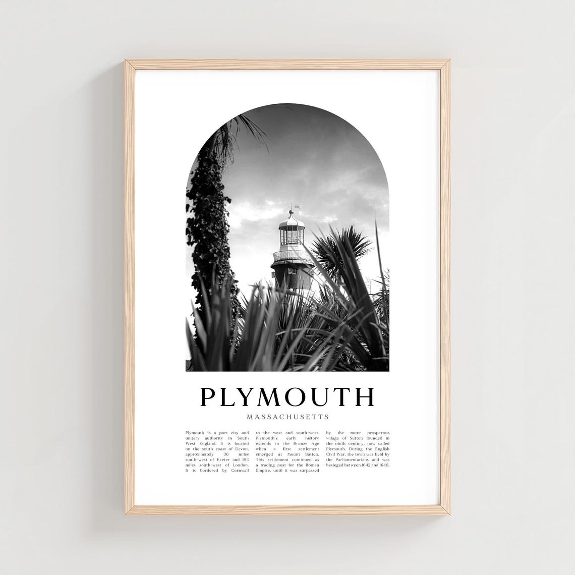 Plymouth Massachusetts Lighthouse Black White Vintage Art Poster