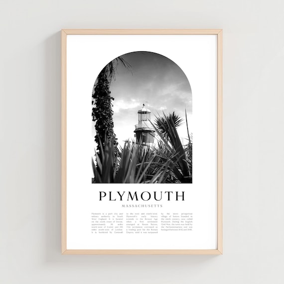 Plymouth Massachusetts Lighthouse Black White Vintage Art Poster