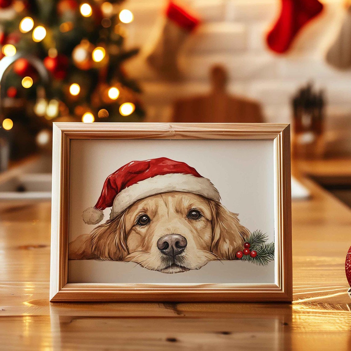 Christmas Golden Retriever Santa Claus Hat Dog Print Cute Holiday Pet Wall Art Festive Animal Portrait Picture