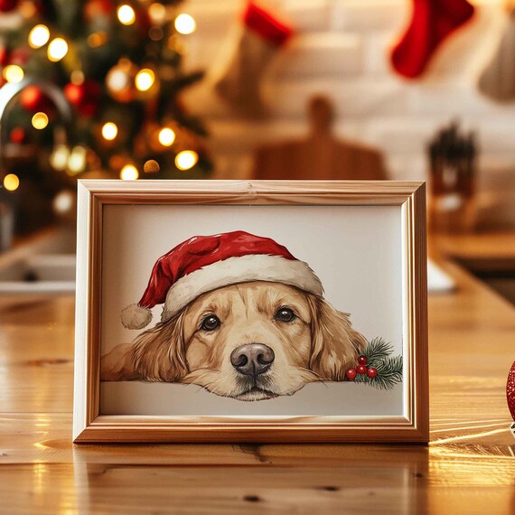 Golden Retriever Puppy Santa Hat Christmas Watercolor Art Poster
