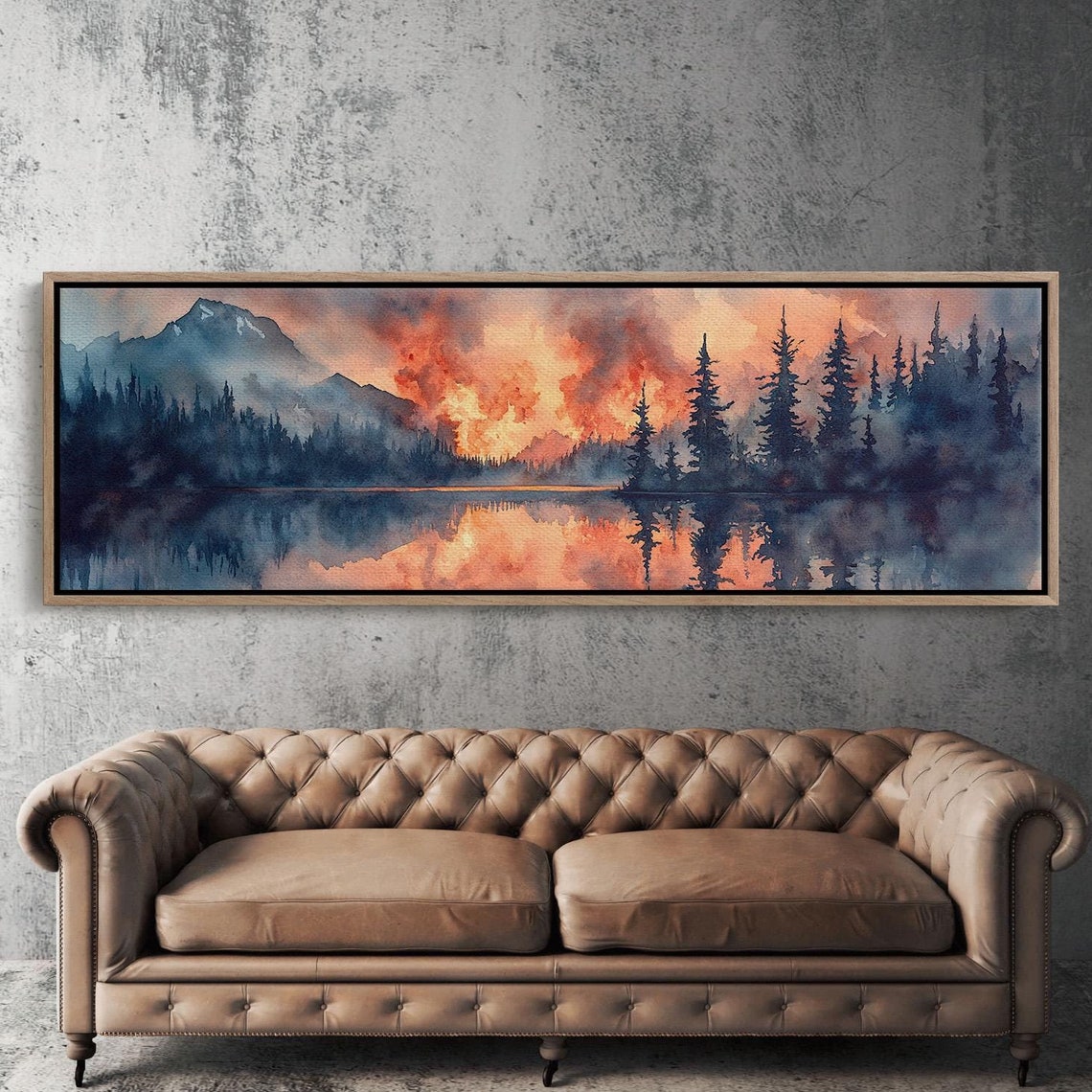 Mountain Forest Fire Reflection Dramatic Landscape Wall Art With Fiery Sunset Over Misty Trees And Mountain Peaks