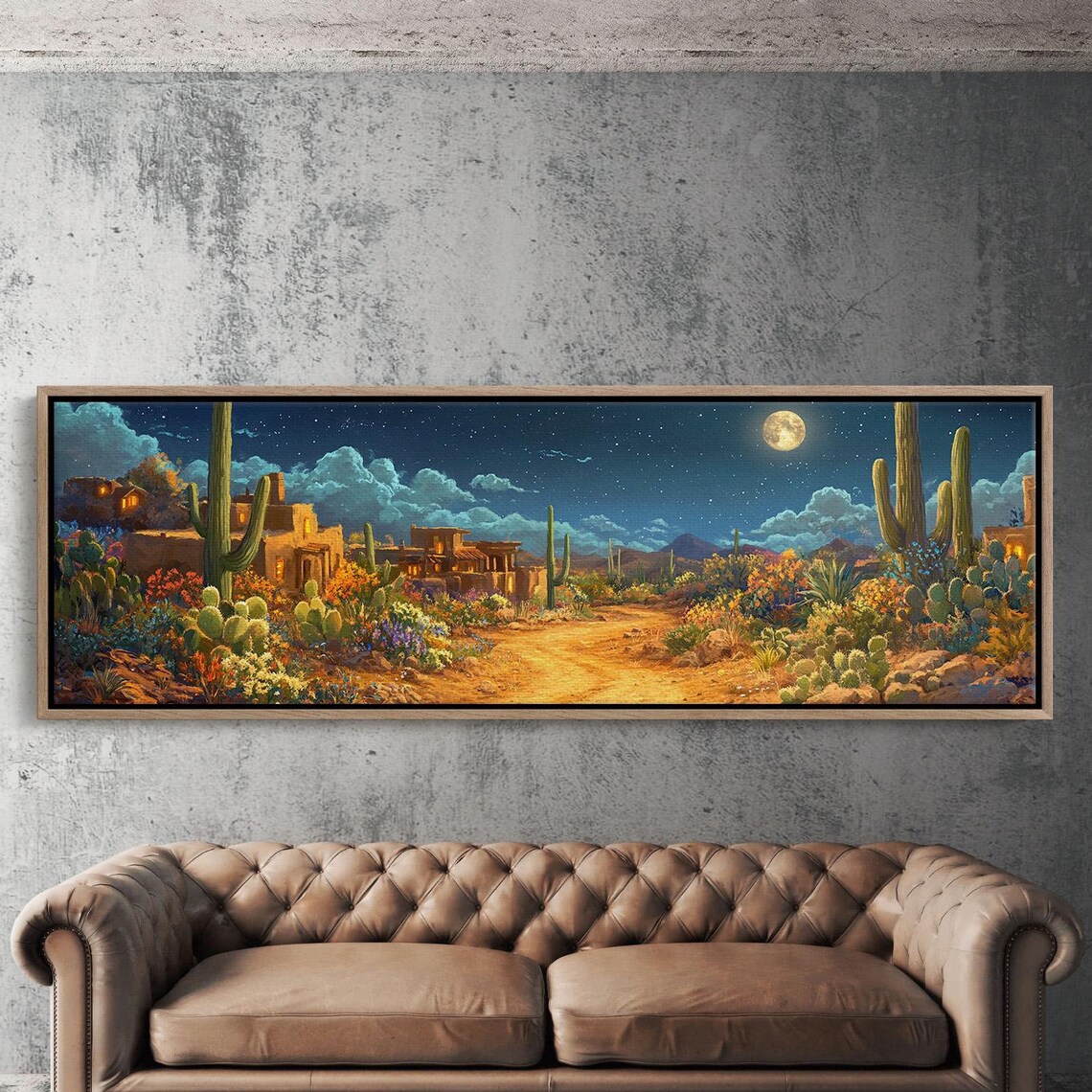 Desert Night, Full Moon Over Cactus Landscape