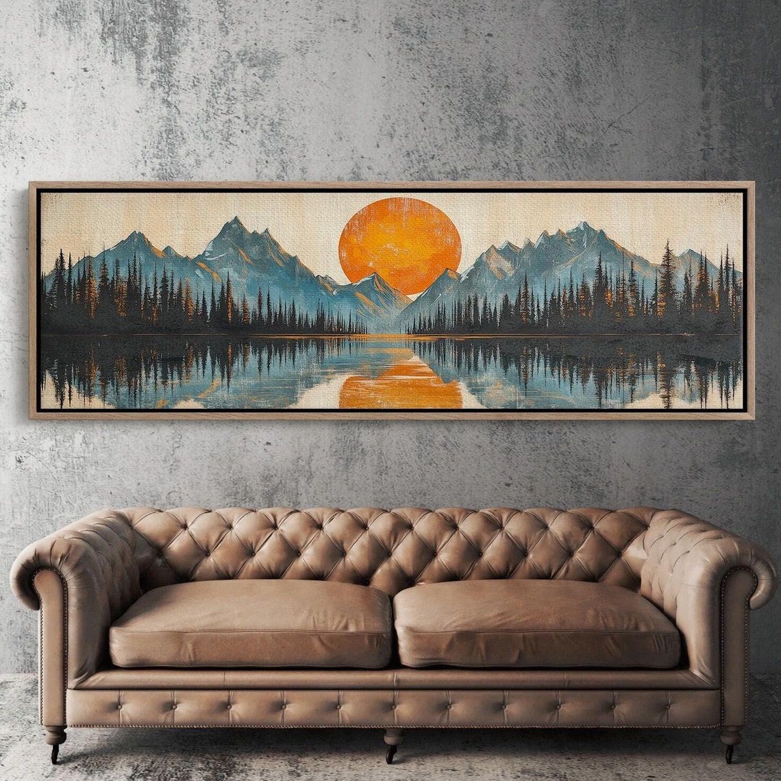Retro Orange Sun Mountain Valley Lake Reflection Vintage Style Poster