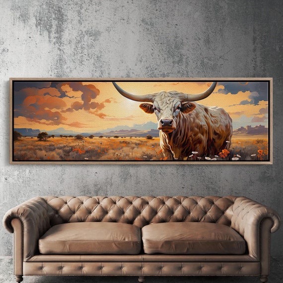 Longhorn Steer Southwestern Wall Art, Panoramic Art