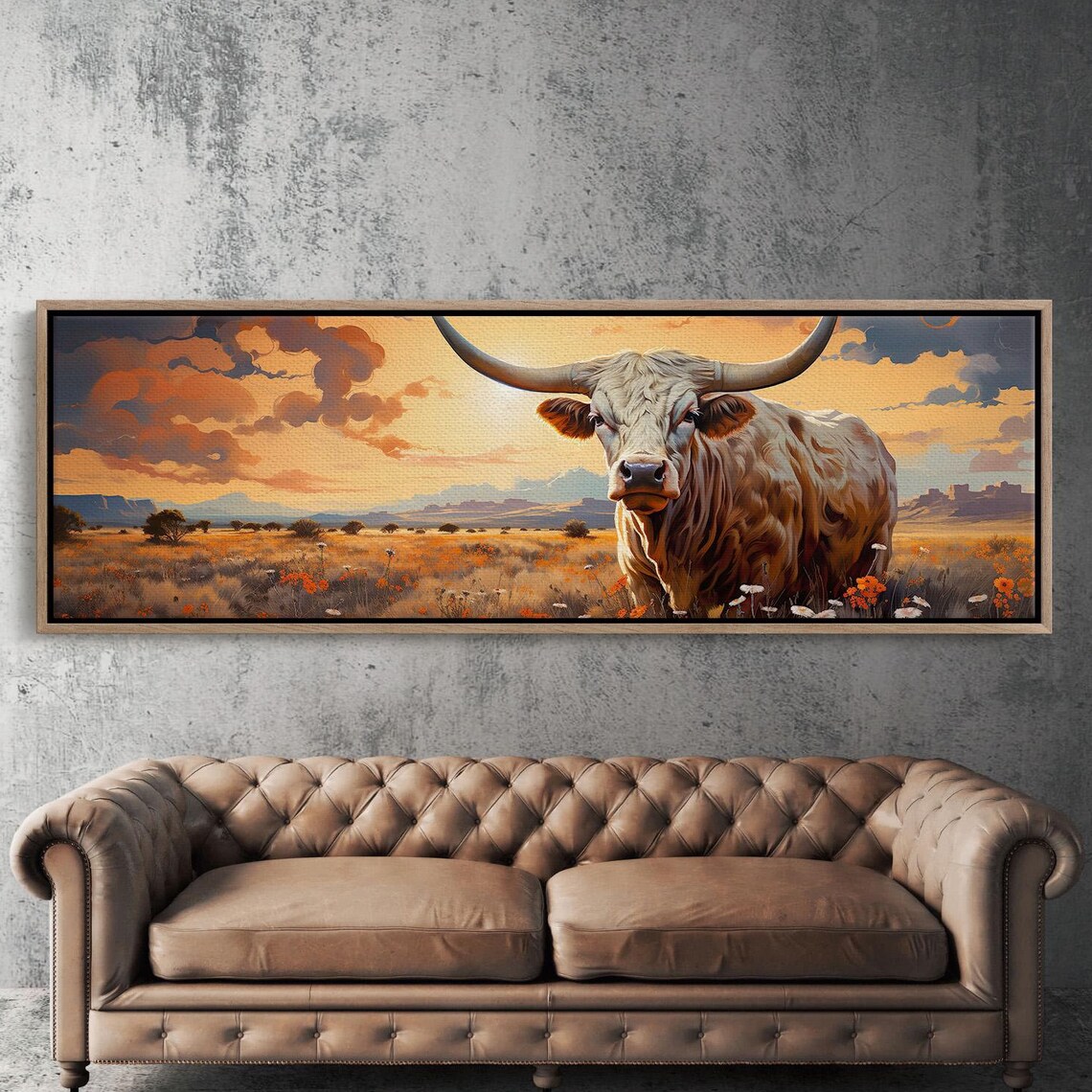 Longhorn Steer Southwestern Wall Art, Panoramic Art