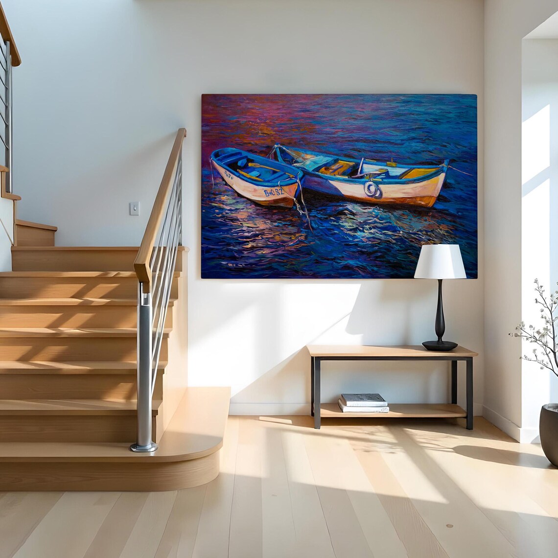 Colorful Fishing Boats Sunset Blue Water Oil Painting Art Poster - Image 2