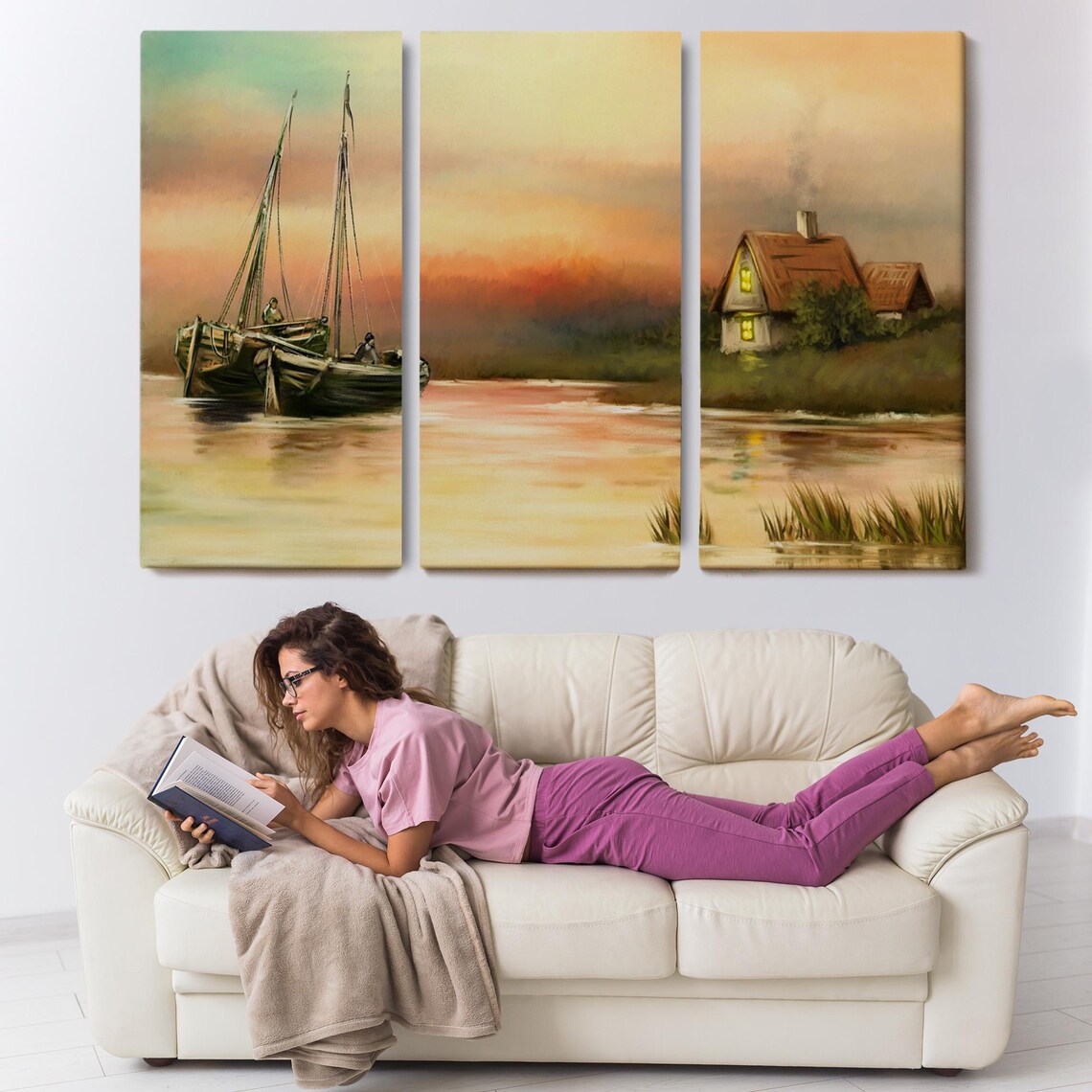 Fishermen Boats Sunset Riverside Cottage Cozy Evening Landscape Poster - Image 3