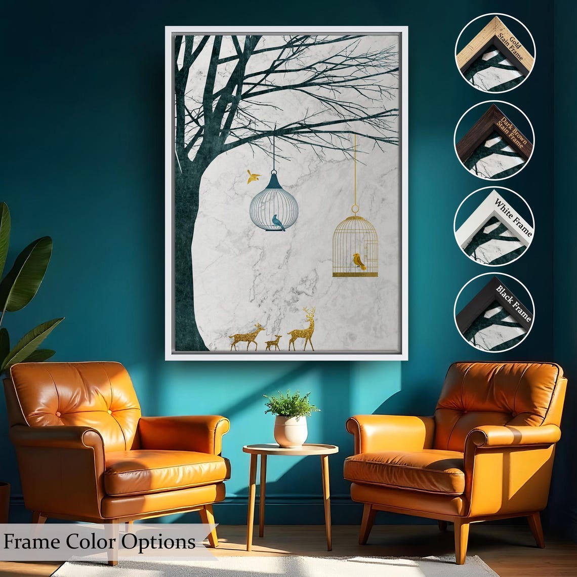 Minimal Golden Deer Birds Hanging Cages Tree Nature Scene Poster - Image 2