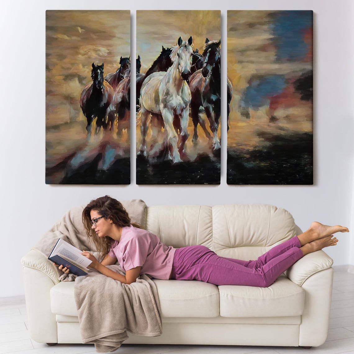 Galloping Wild Horses Herd Dusty Sunset Oil Painting Art Poster - Image 3