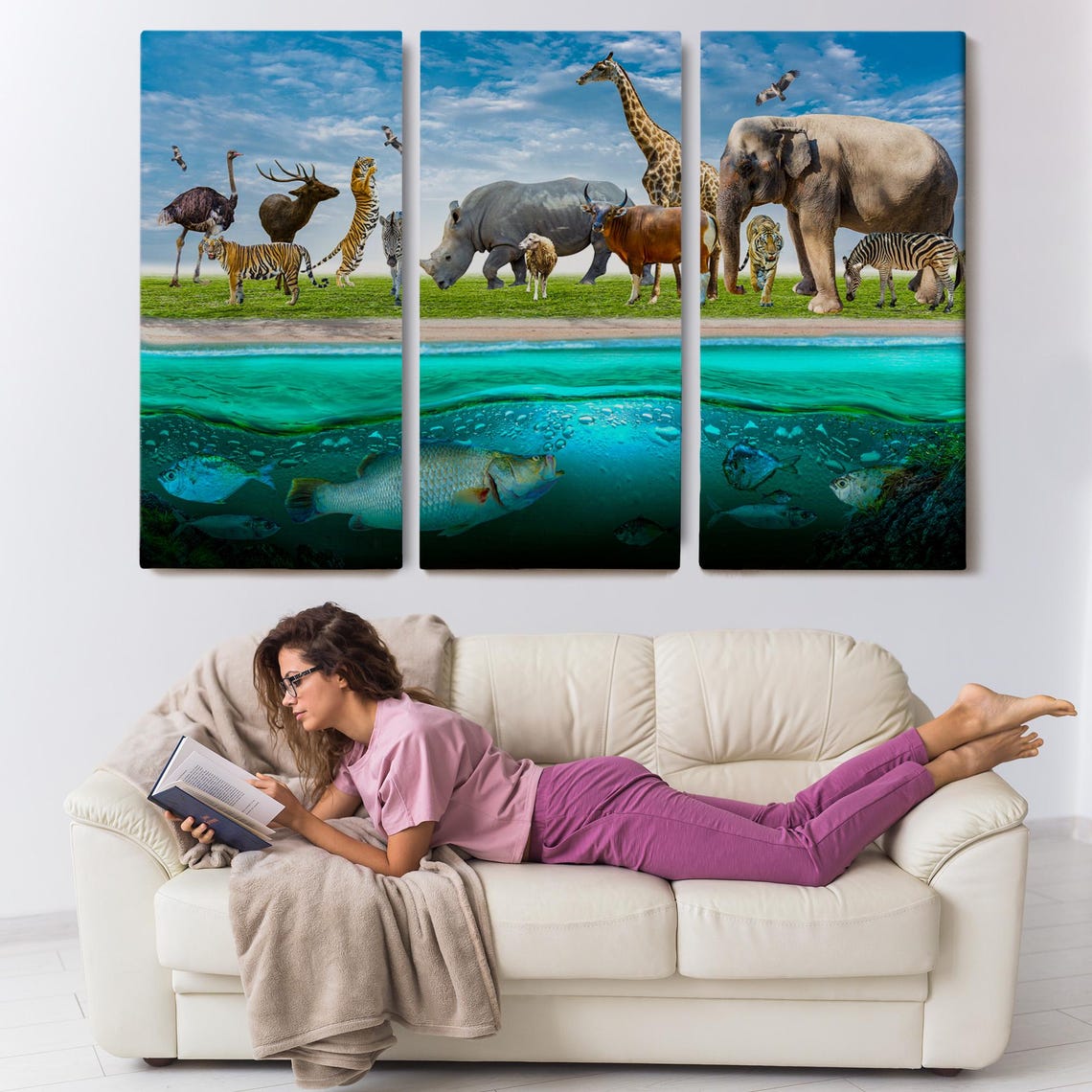 Animal Kingdom Land Sea Wildlife Collage Elephant Giraffe Tiger Print - Image 3