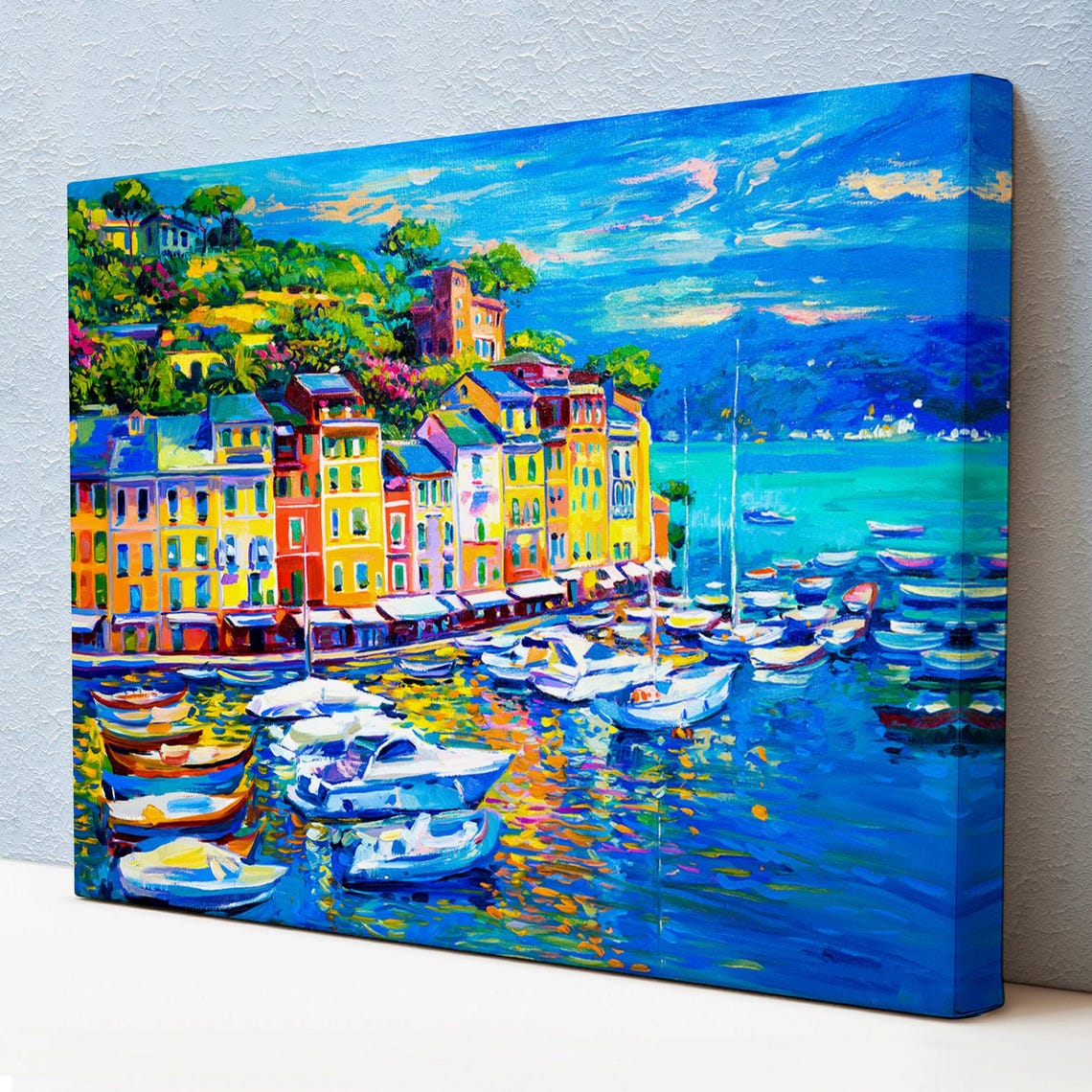 Colorful Mediterranean Harbor Town Boats Impressionist Seaside Poster