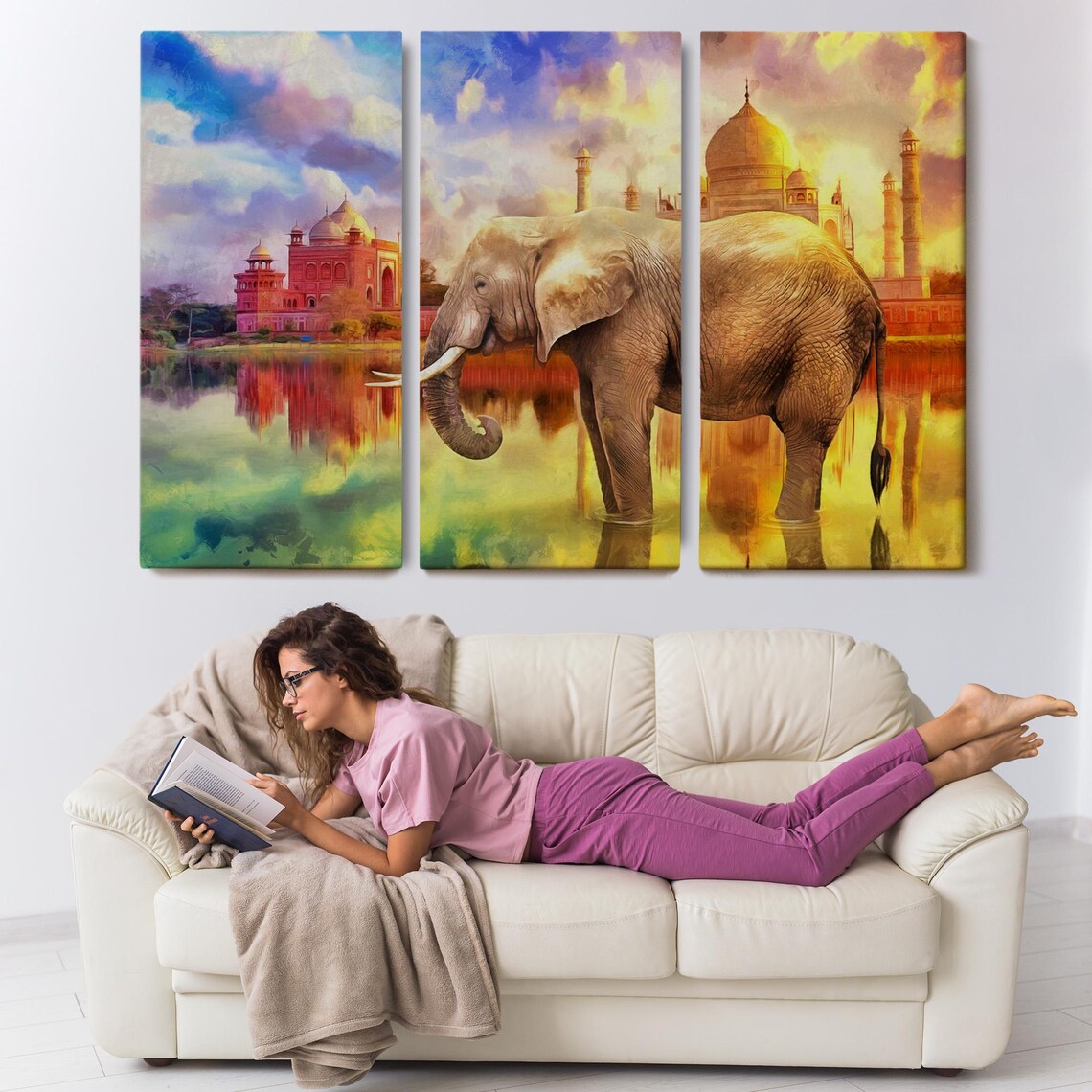 Elephant Before Taj Mahal Sunrise India Landmark Wildlife Art Poster - Image 3