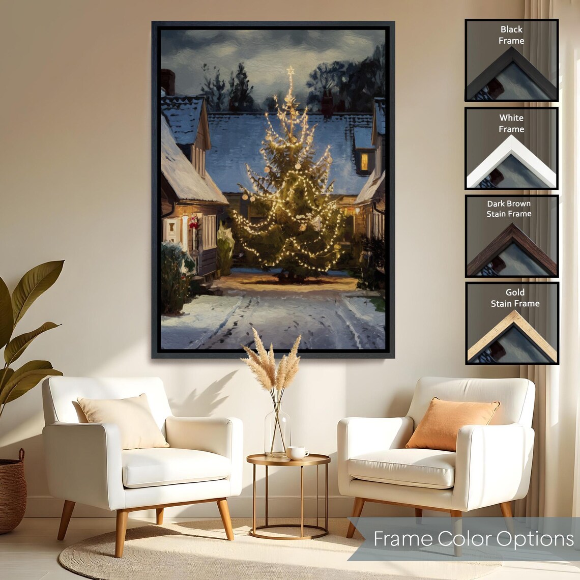 Snowy Village Christmas Tree Night Lights Cozy Winter Street Poster - Image 2