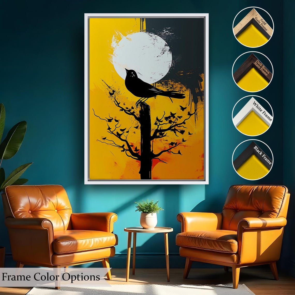 Black Bird On Branch Big Moon Sunset Dramatic Silhouette Art Poster - Image 2