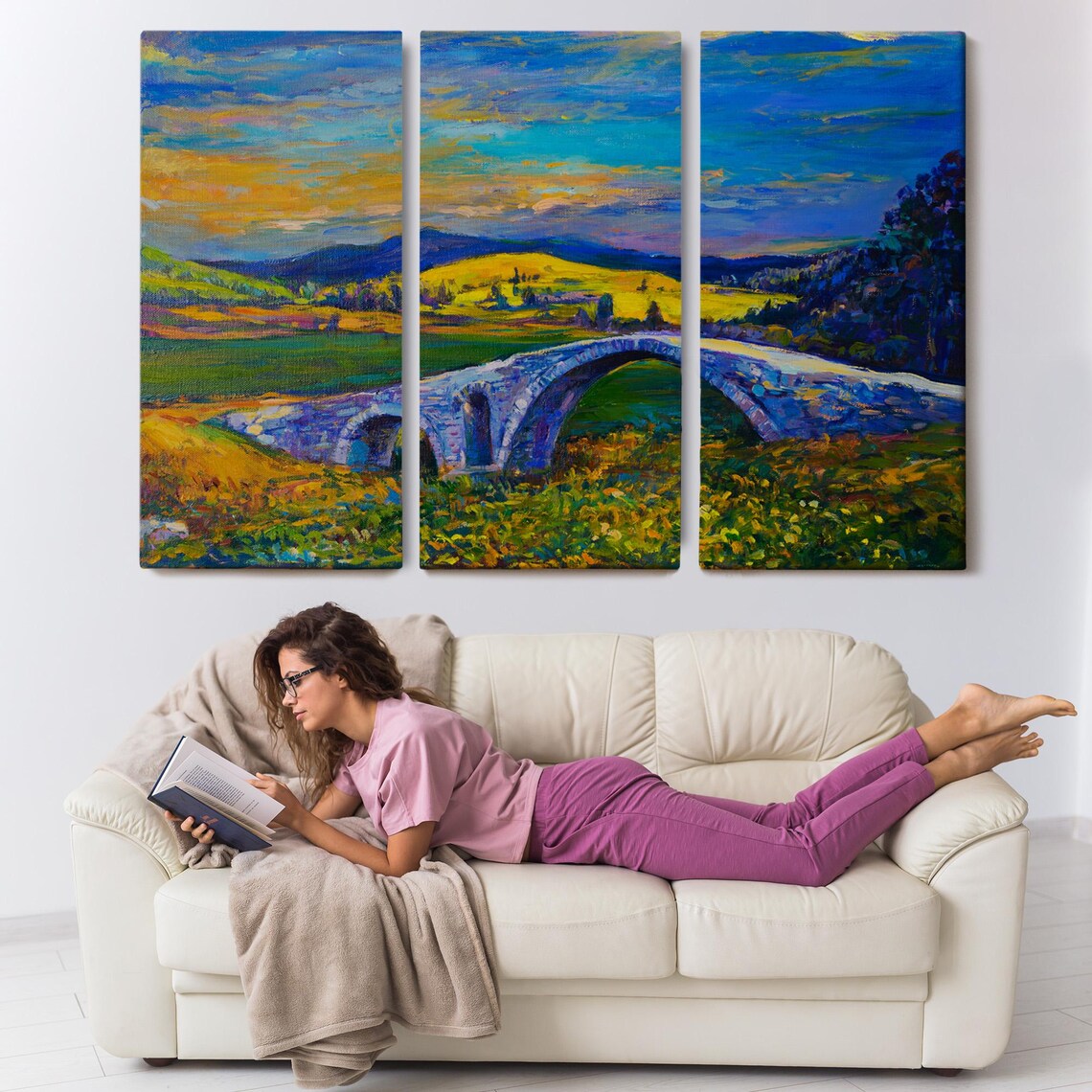 Stone Arch Bridge Golden Valley Sunset Landscape Painting Poster - Image 3