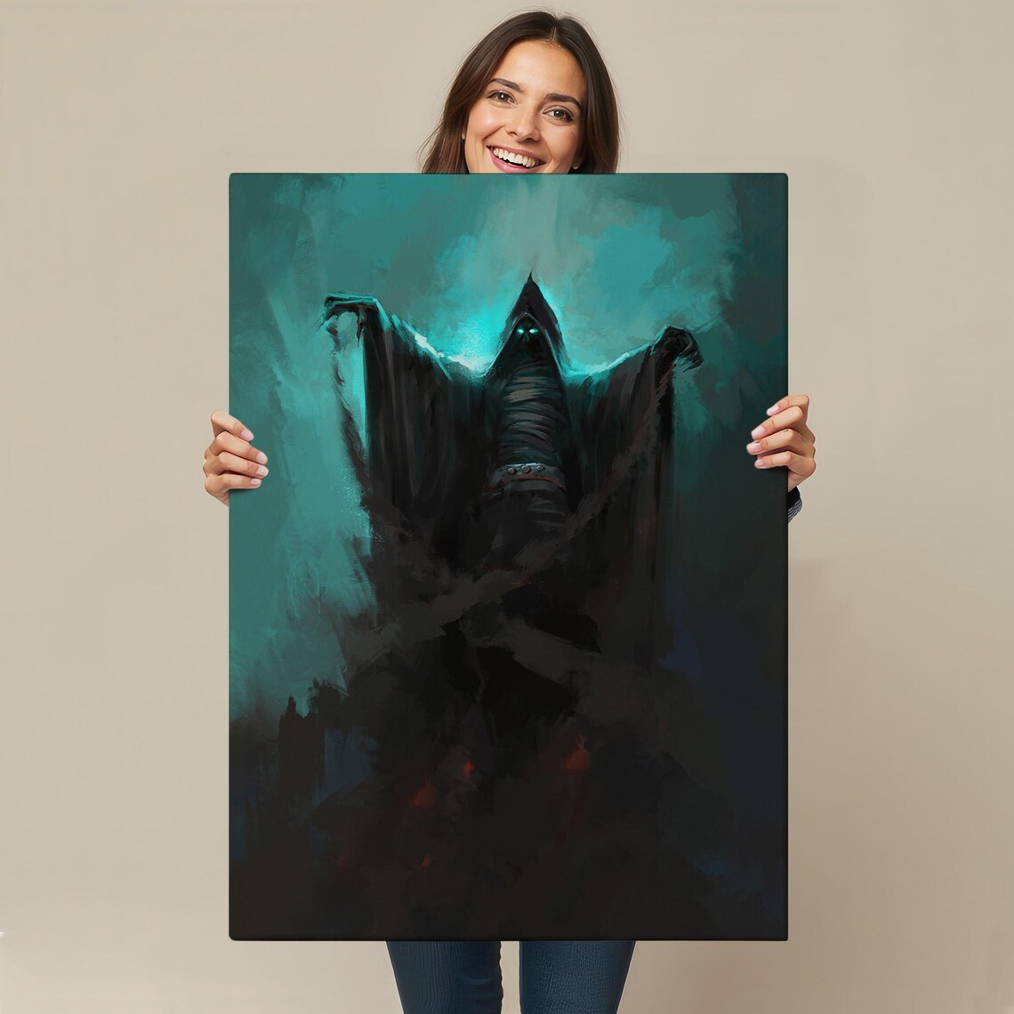 Dark Hooded Spirit With Glowing Eyes In Teal Mist Gothic Halloween Poster - Image 4