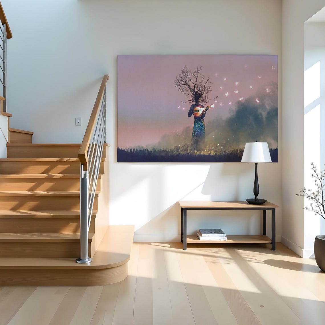 Surreal Tree Head Musician Playing Glowing Lute at Twilight Wall Art - Image 2