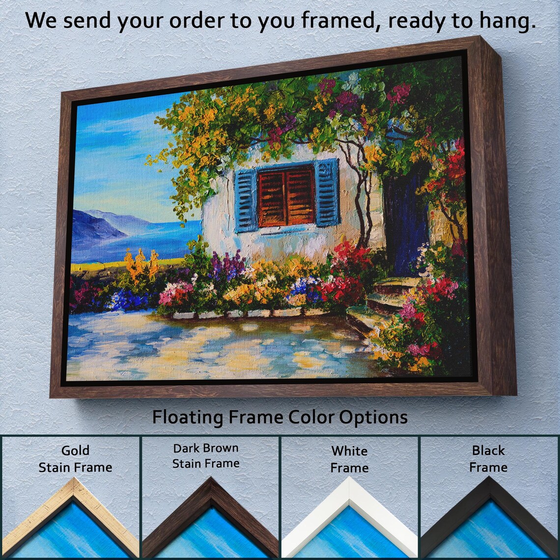 Mediterranean Coastal Cottage Blue Shutters Sea View Flowers Poster - Image 3