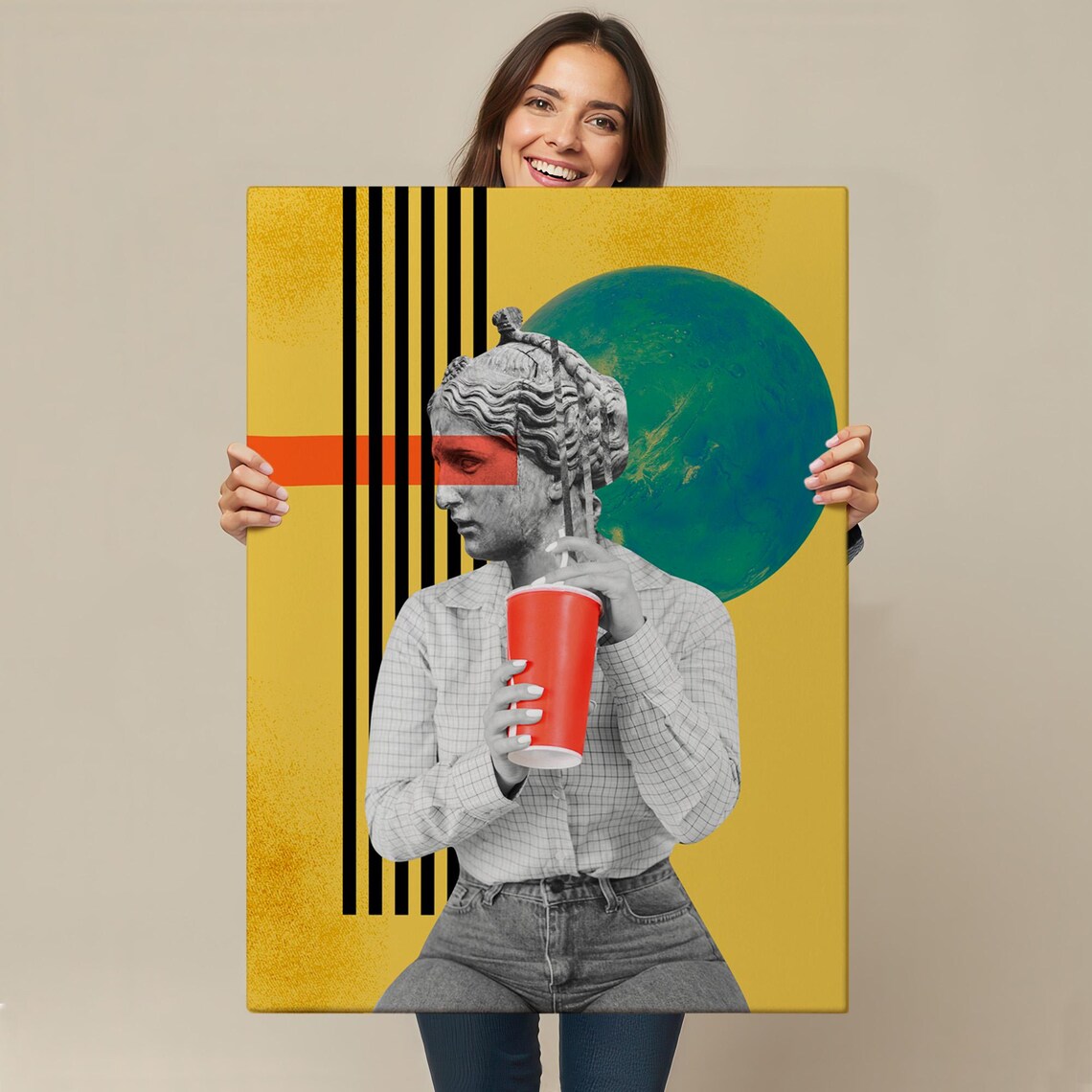 Pop Art Statue Head Woman Red Cup Yellow Surreal Collage Wall Art - Image 4