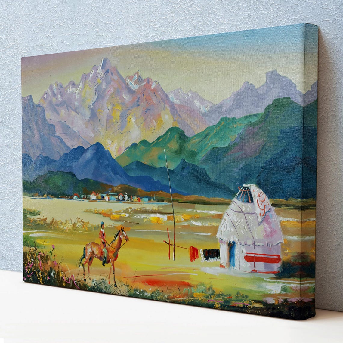 Kazakhstan Yurt Nomad Rider Mountain Valley Steppe Travel Poster