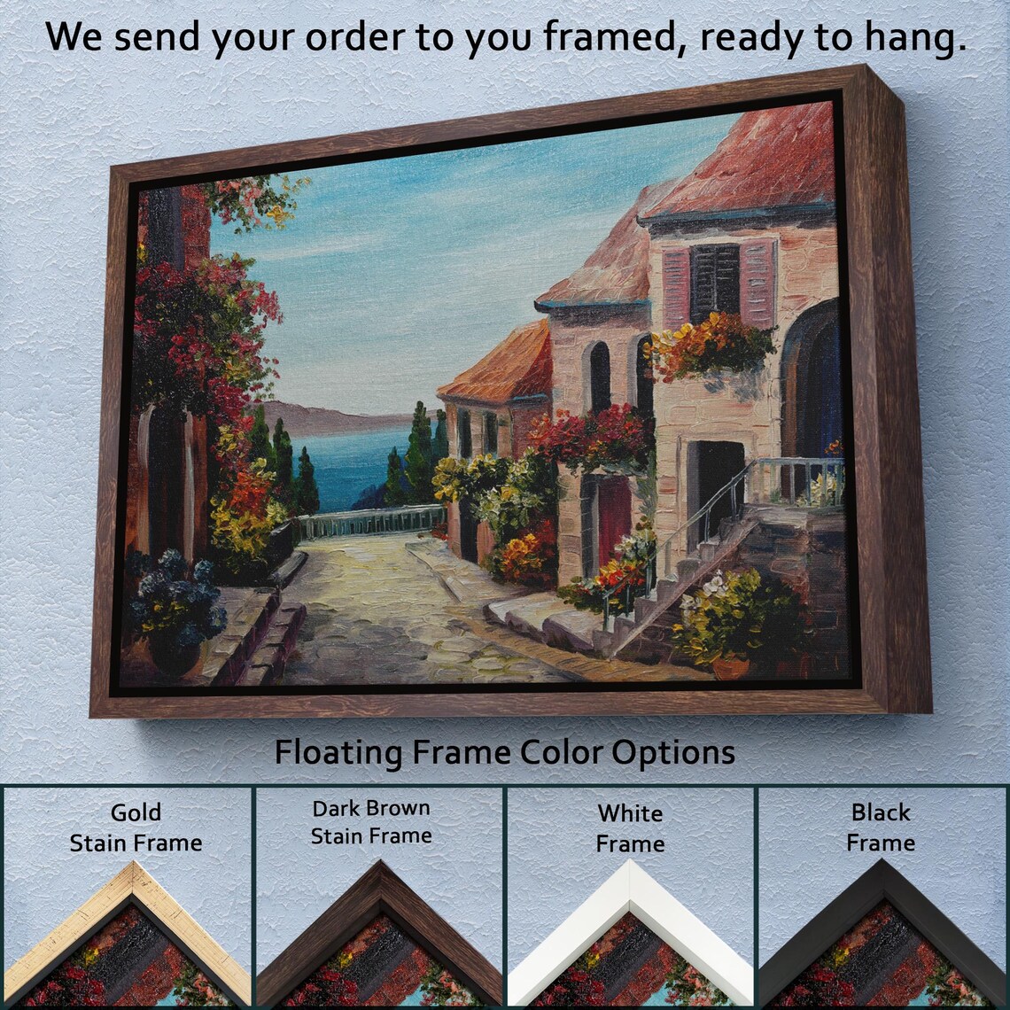 Mediterranean Coastal Town Flower Street Old Town Sea View Poster - Image 3