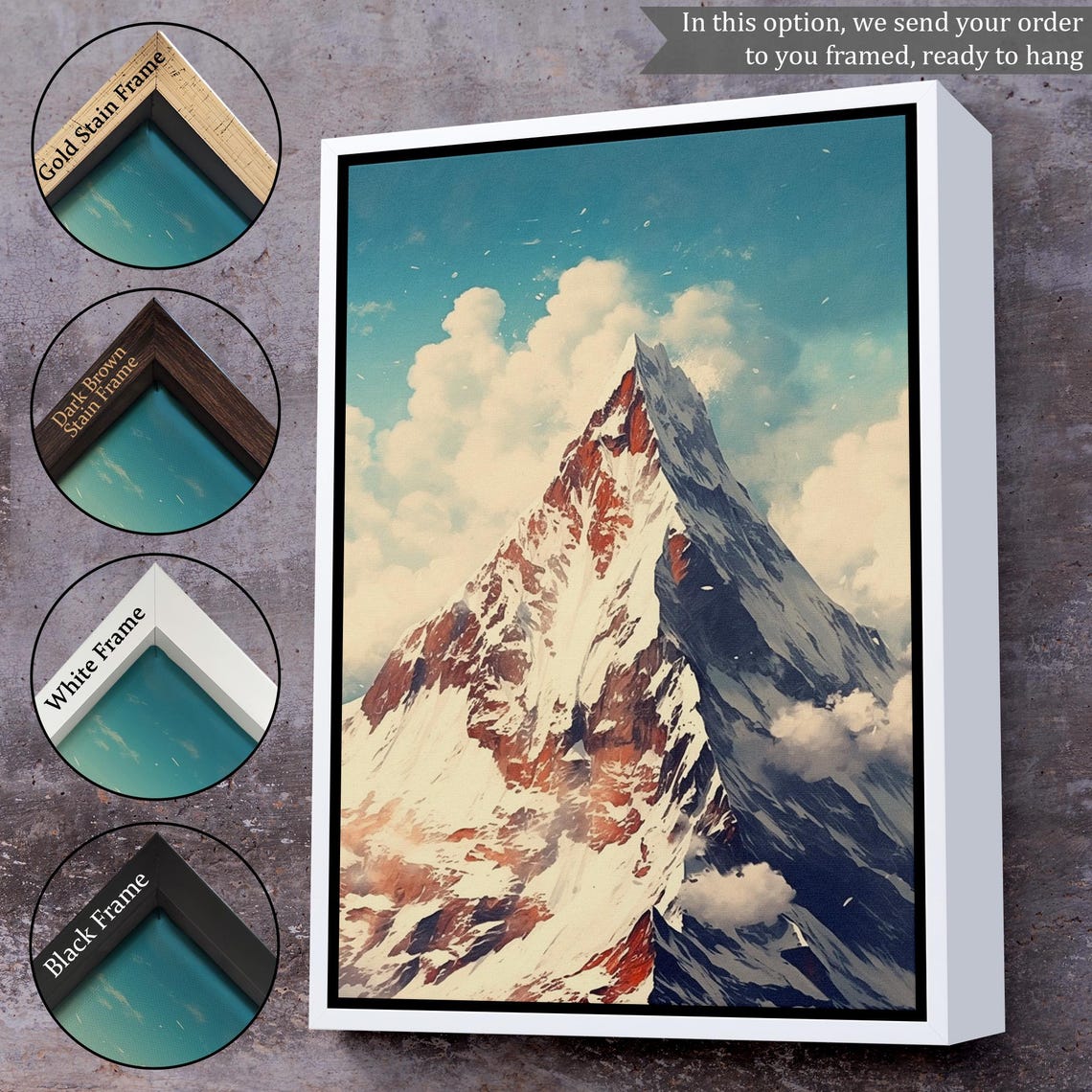 Snowy Mountain Peak Blue Sky Puffy Clouds Alpine Landscape Art Poster - Image 3