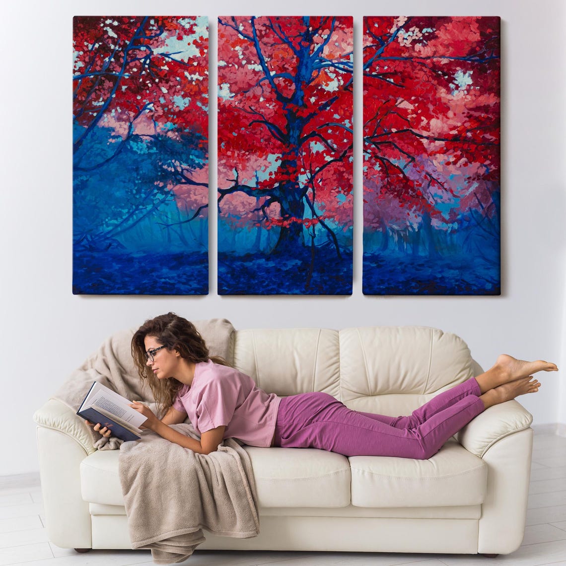 Fiery Red Autumn Tree Deep Blue Forest Oil Painting Art Poster - Image 3