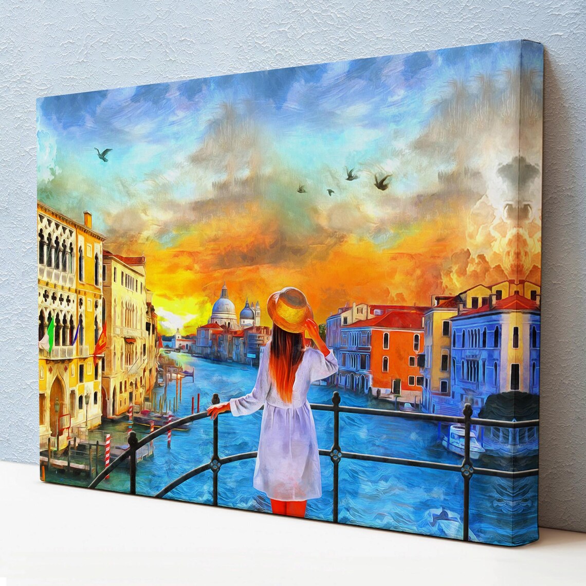 Venice Grand Canal Bridge Sunset Woman Straw Hat Golden Sky Poster