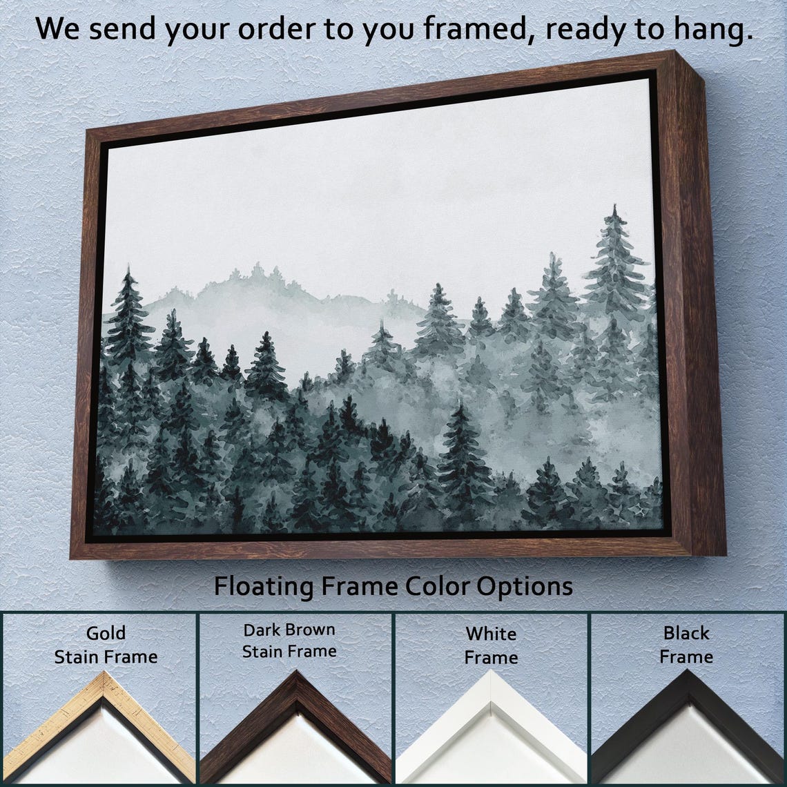 Misty Pine Forest Foggy Mountain Peaks Soft Gray Watercolor Wall Art - Image 3