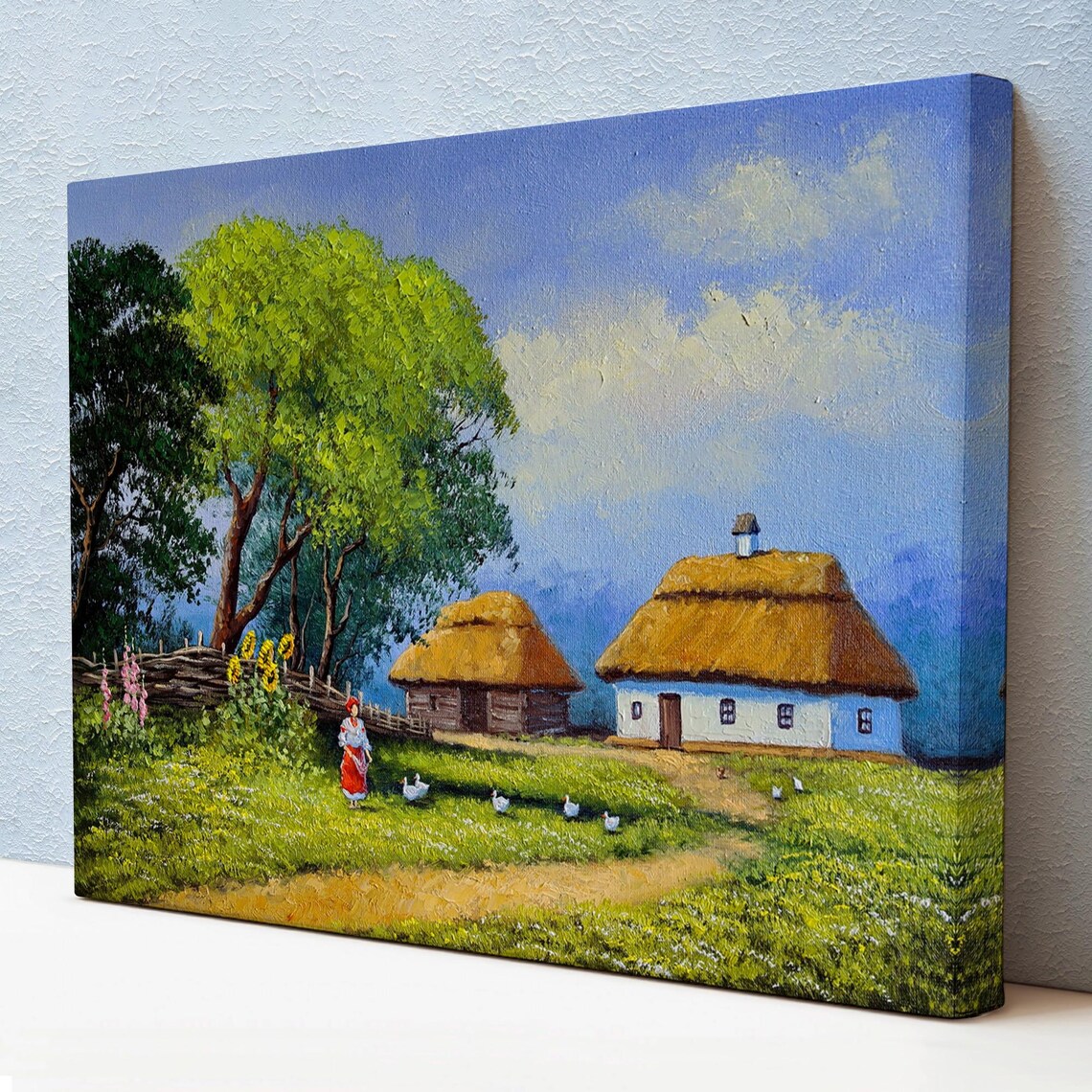 Ukrainian Village Thatched Houses Folk Woman Geese Summer Scene Poster