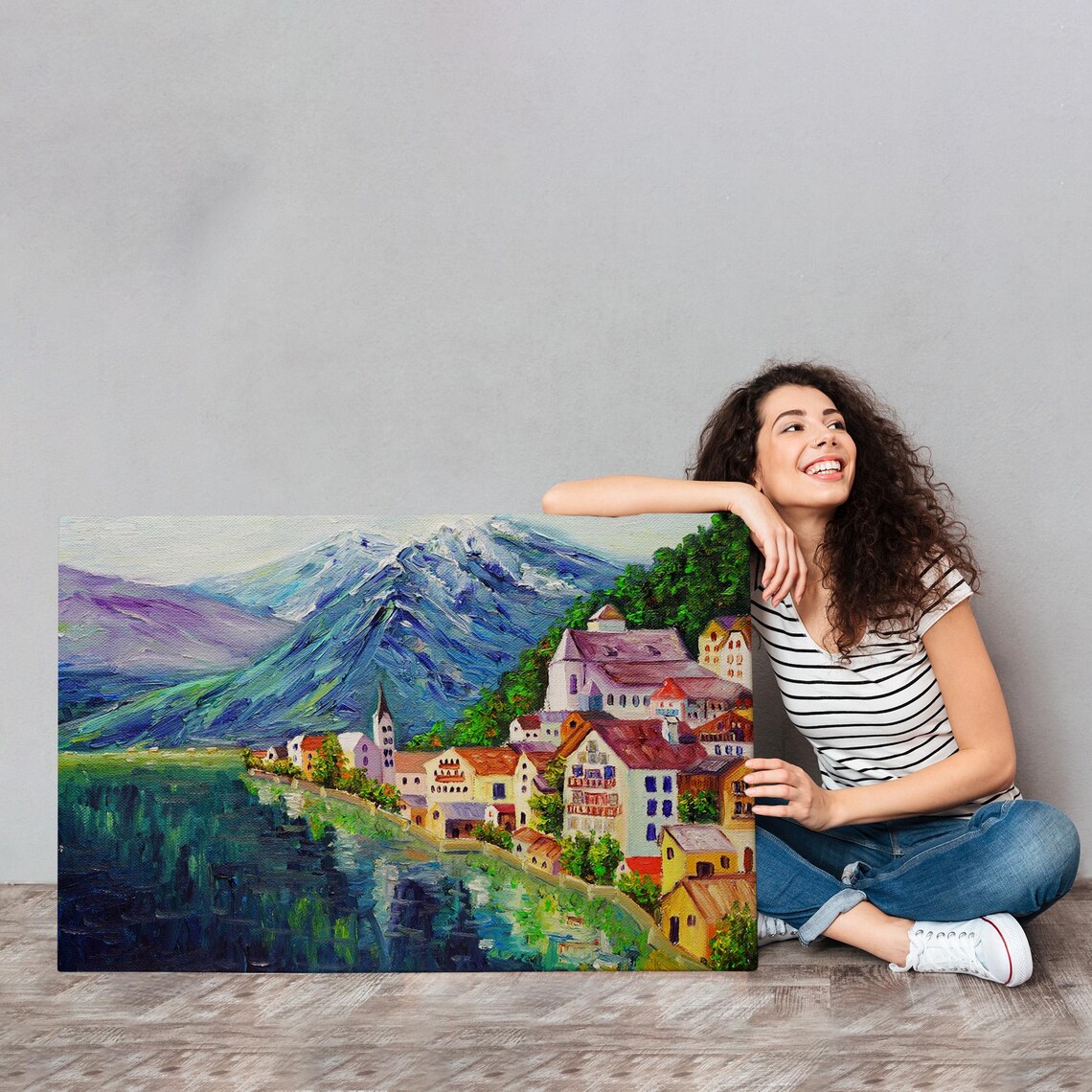Hallstatt Austria Alpine Village Church Lakeside Oil Painting Poster - Image 4